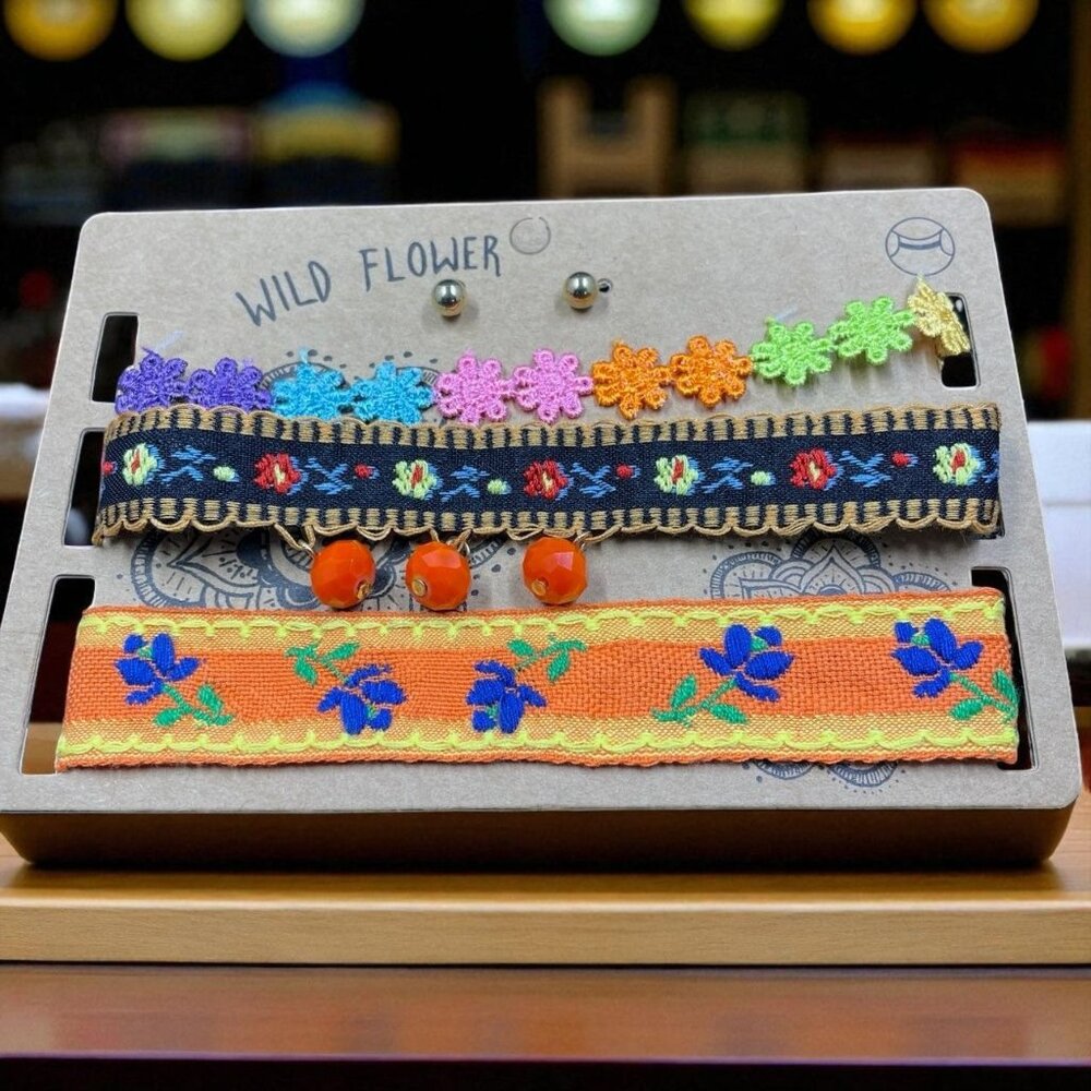 Wildflower Boho Floral Choker Necklace Set With‎ Gold Tone Studs Festival Y2K